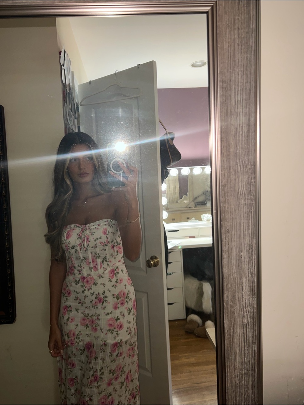 Strapless White Midi Dress with Pink Floral Print - Picture 2 of 2